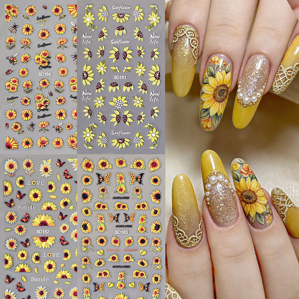 Nail Art Yellow - 1/4 stuks 5D Geprefelde Zomer Zonnebloem