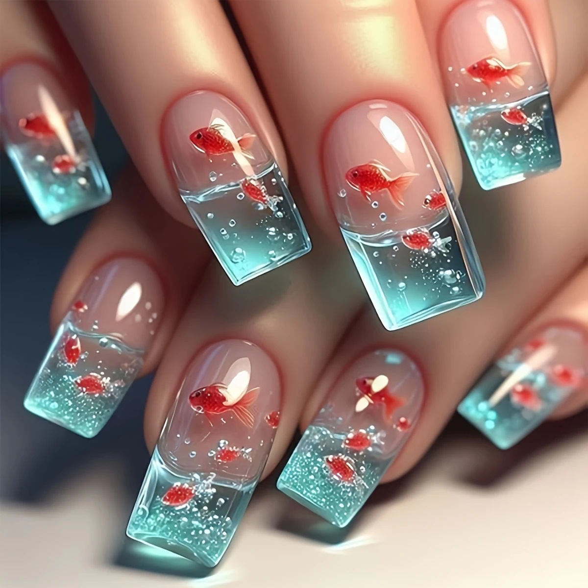 Nail Art Yellow - Middellange vierkante nepnagels voor vrouwen, zomerblauw